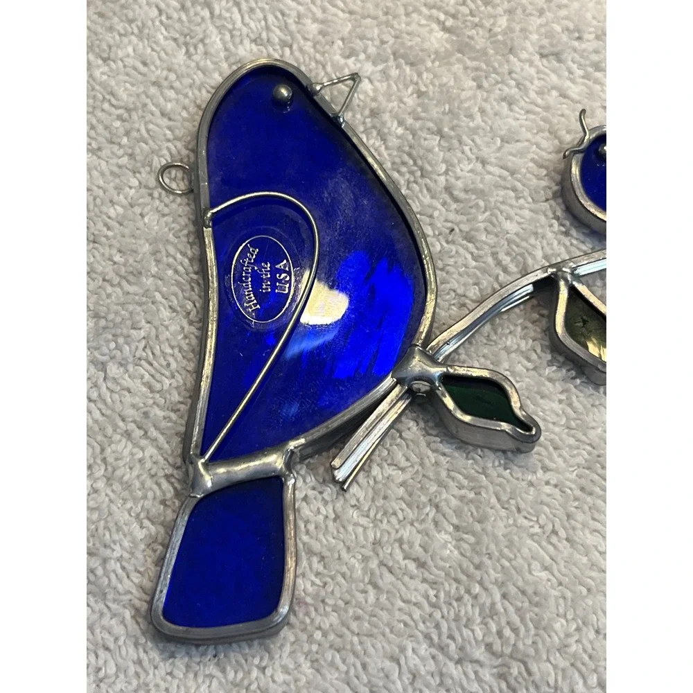 Handcrafted USA Stained Glass Blue Bird Suncatcher Cobalt Blue Window Decor 5.5
